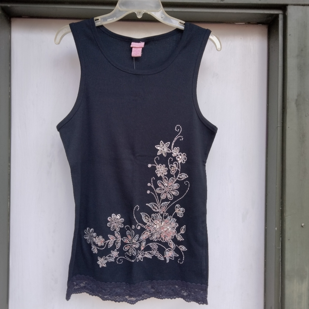 Y2K Angels Plus NWT Black Ribbed Tank Top 2X Floral w/ Sequins Glitter Lace Trim